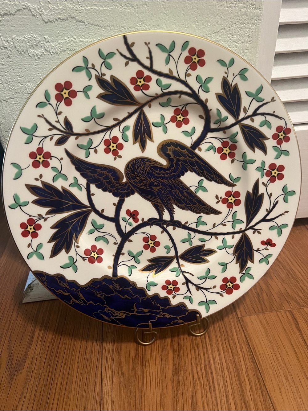 #317O**Decorative Porcelain Wall Plate with Blue Crane and Floral Motif